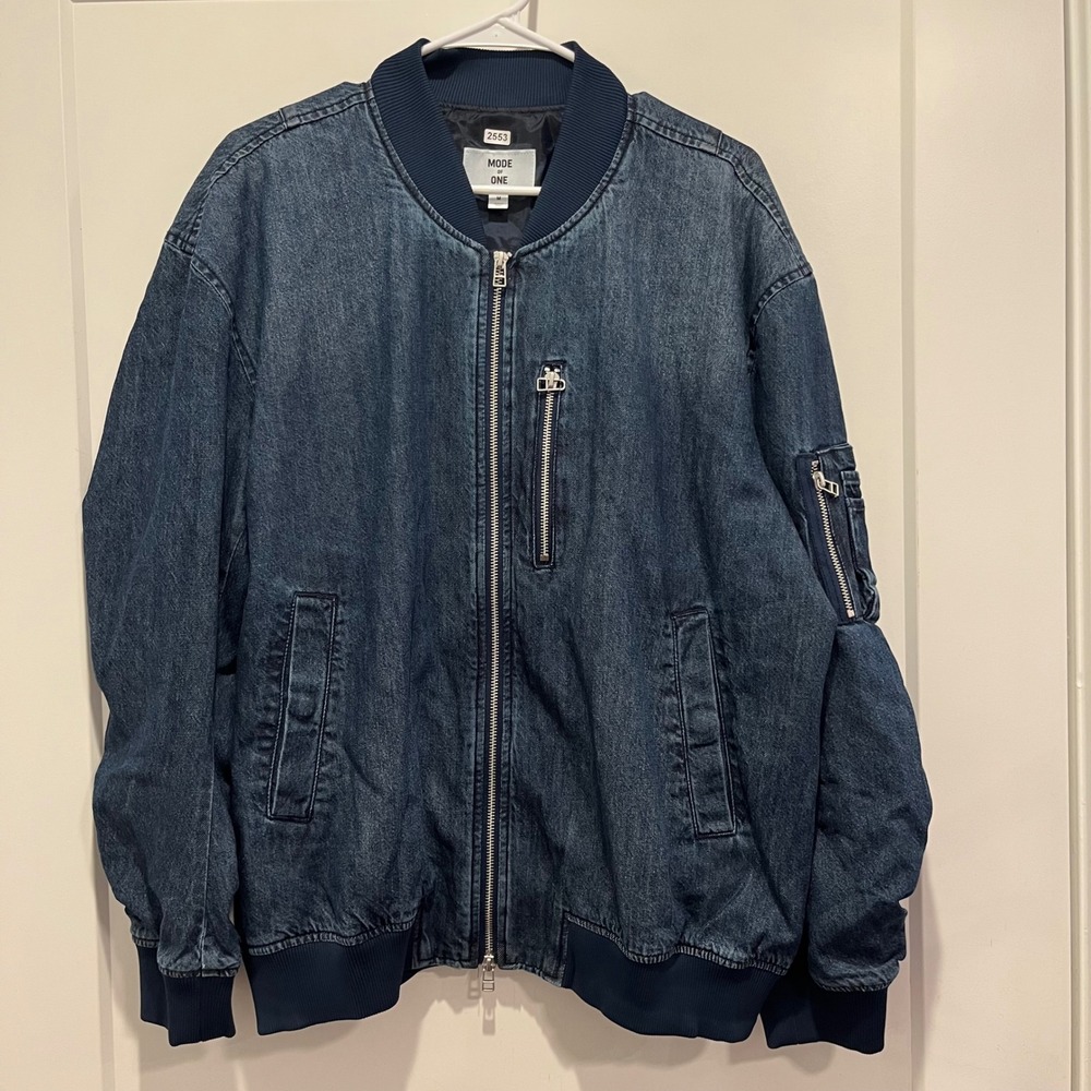 Mode of One Mens Denim Bomber Jacket Blue Ruched Sleeve Full Zip Utility Medium